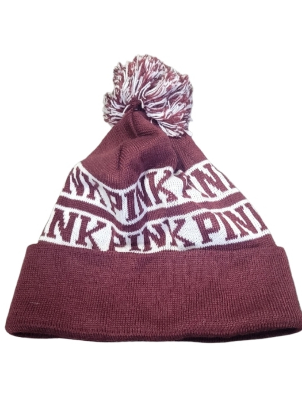 PINK Victoria's Secret Knit Pom Pom Maroon & White hat OS